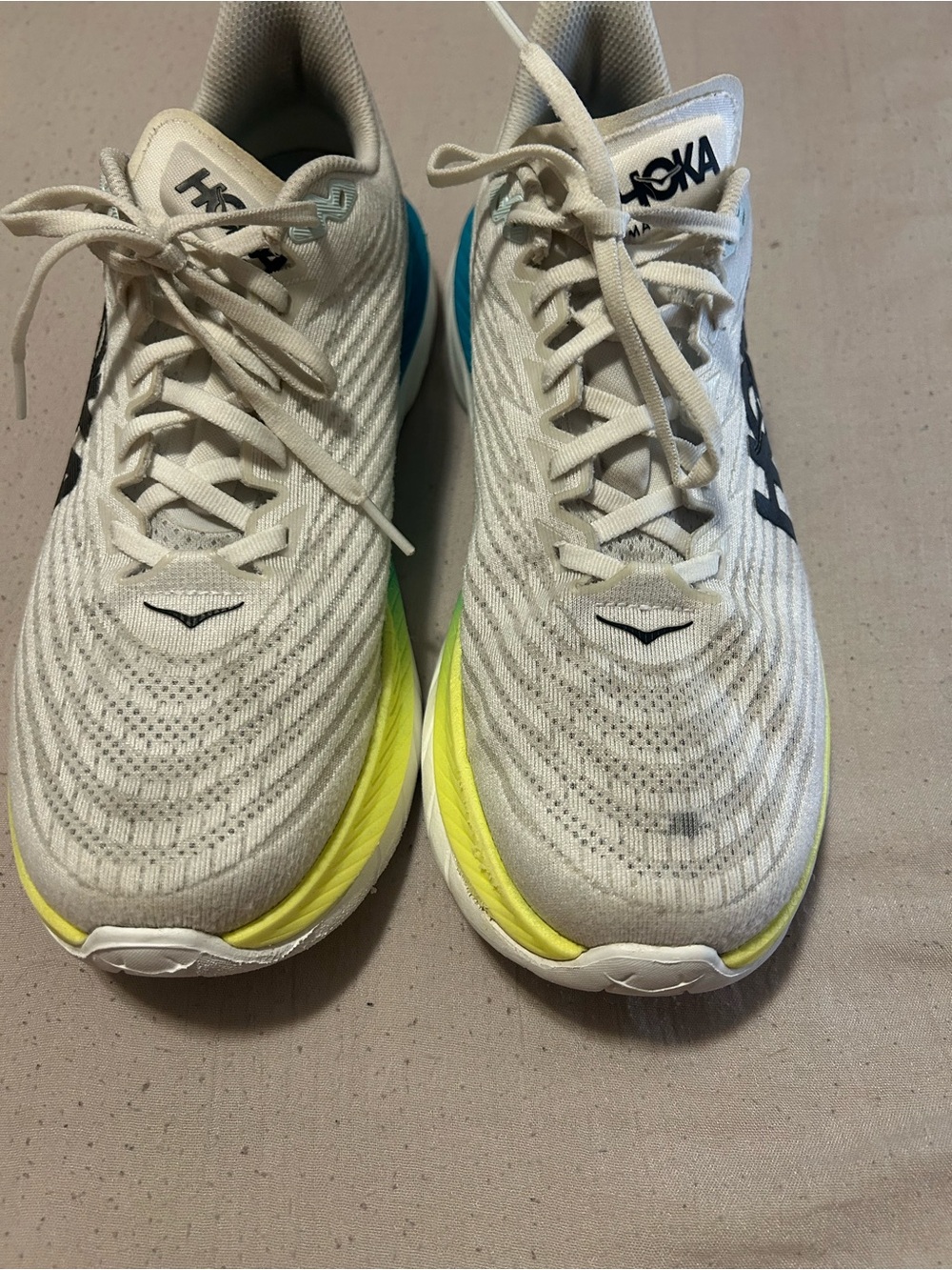 Hoka Men's Cream Knit Sneakers with Yellow & Blue Accents